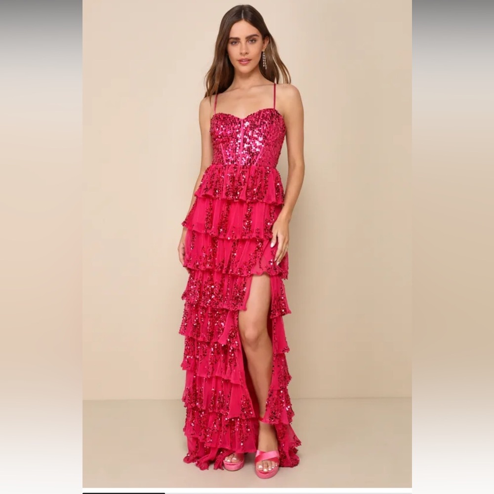 Shimmering Magenta Sequin Tiered Lace-Up Maxi Dress
